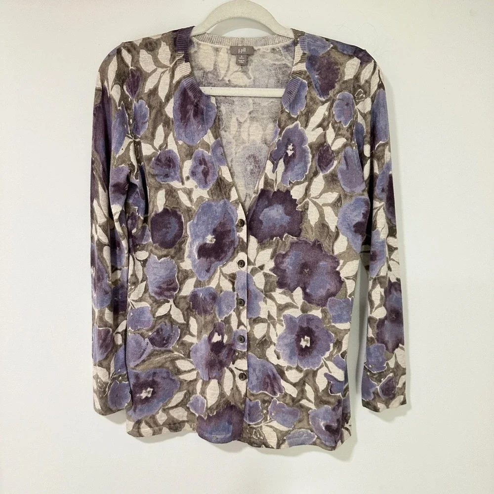 J. Jill Floral V-Neck Cardigan‎ Women S Petite Purple Silk Cashmere | Softcore